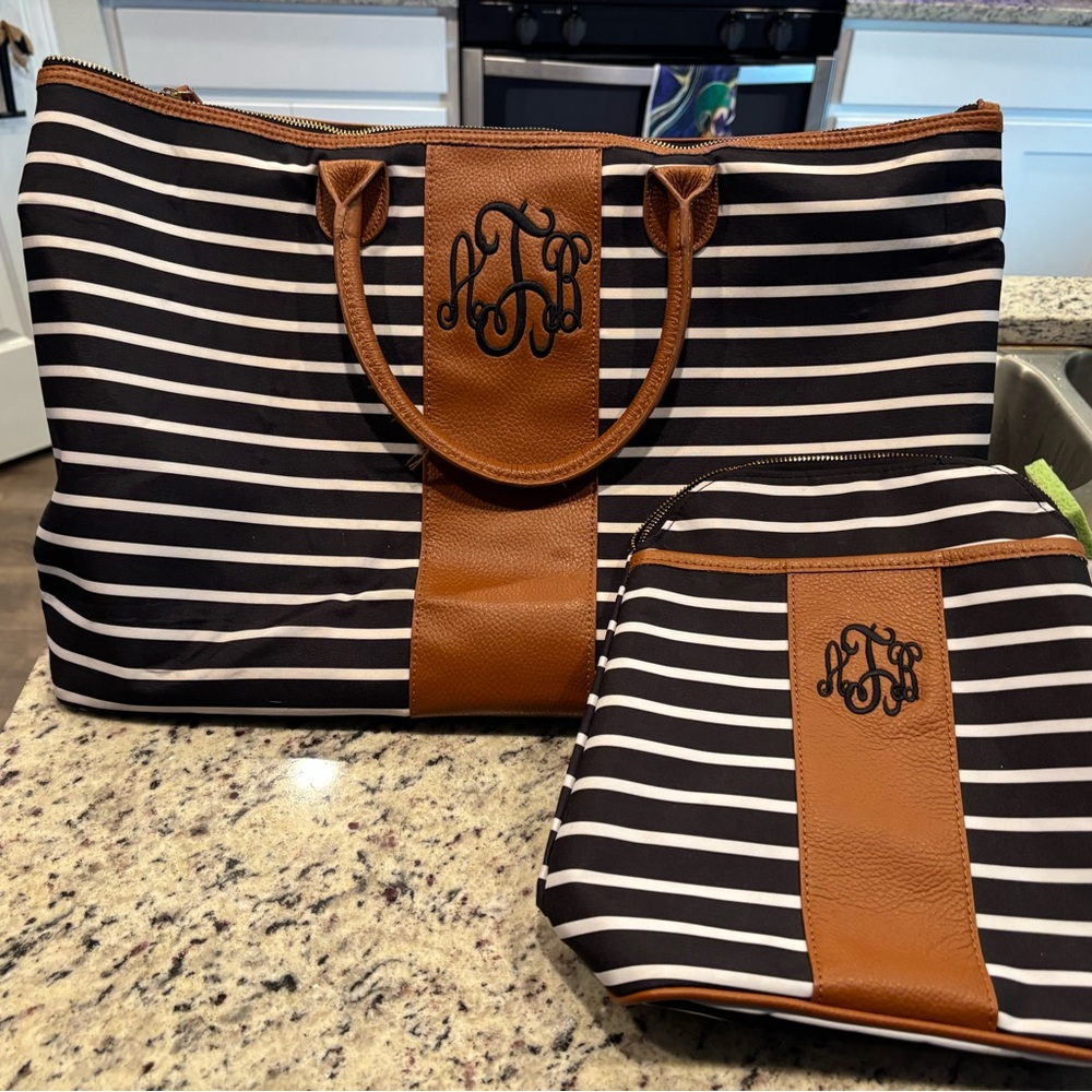 ABT initials Marleylilly Black and White Striped Tote with Leather Accents